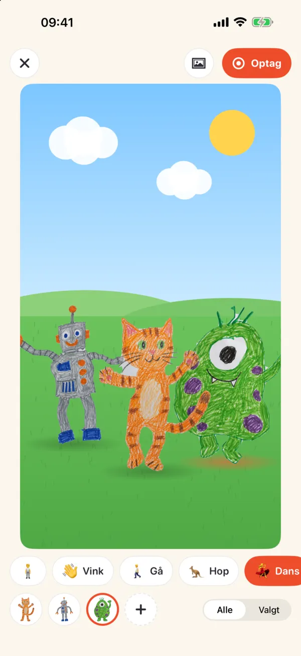 Levende på iPhone: robotten, en kat og et monster danser på en scene med have-baggrund