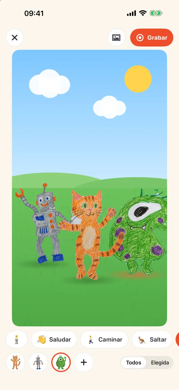 Levende en iPhone: el robot, un gato y un monstruo bailan en un escenario con jardín
