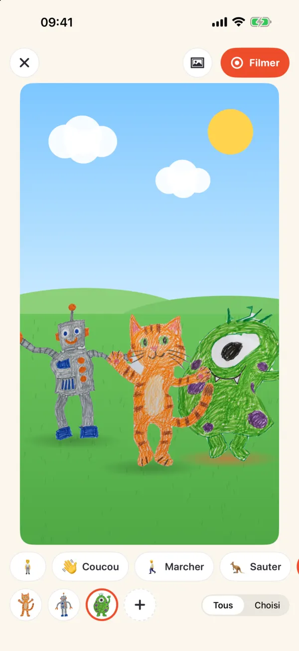 Levende sur iPhone : le robot, un chat et un monstre dansent sur une scène avec un jardin